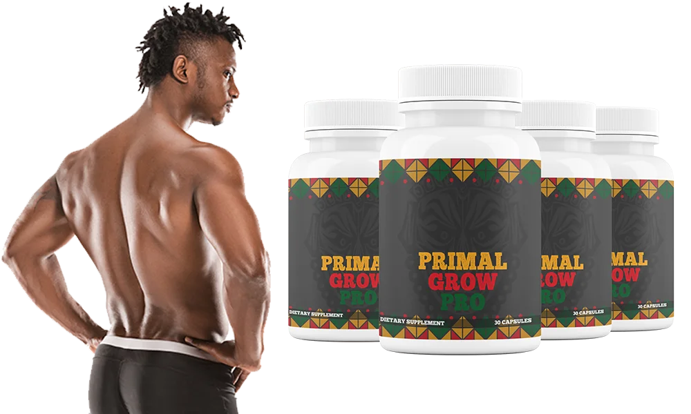 The seller’s concept artwork: four Primal Grow Pro bottles beside a male model